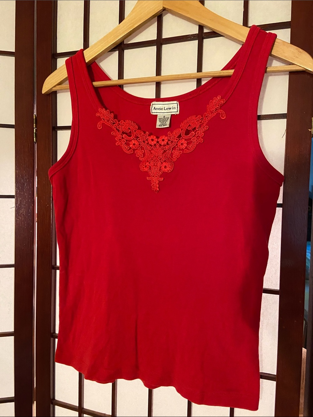 Anne Lewin Red Tank Top with Embroidered Floral Neckline